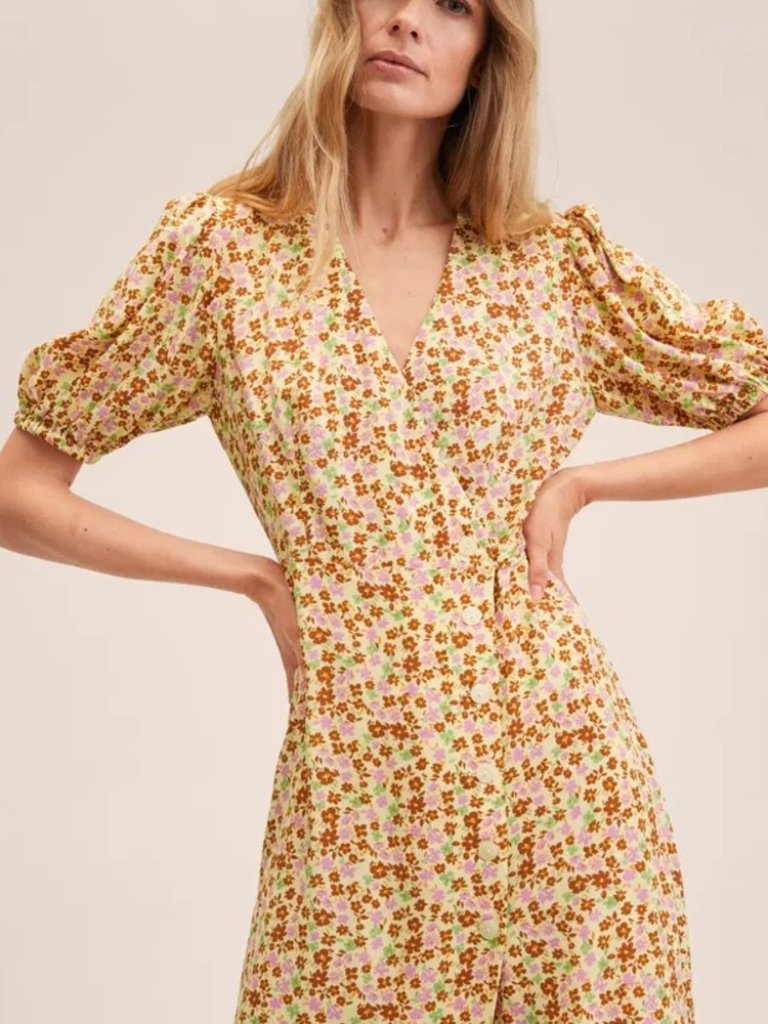 Mango Wrapped Printed Dress With Balloon Sleeves